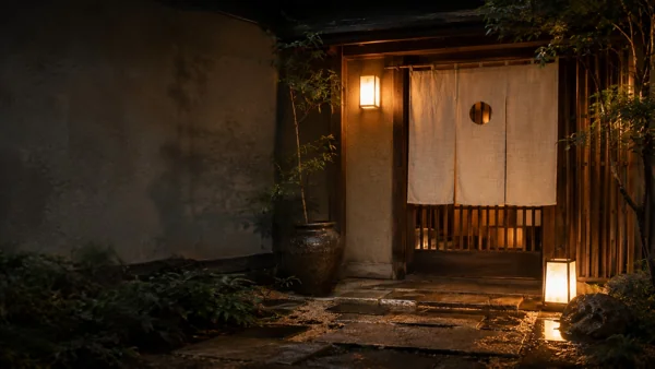夜の和風建物入口と暖かな灯り