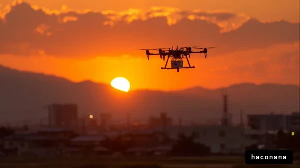 夕日に浮かぶドローン