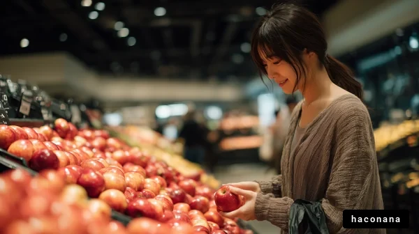 スーパーでリンゴを選ぶ女性