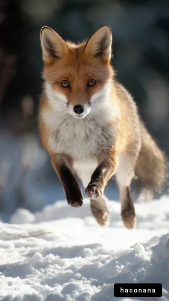 雪の中を跳ねるキツネ