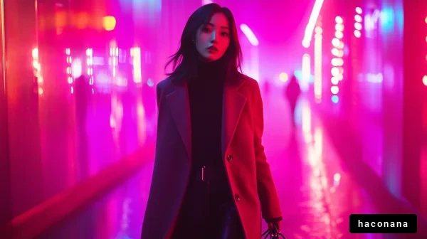 ネオンの中を歩く女性