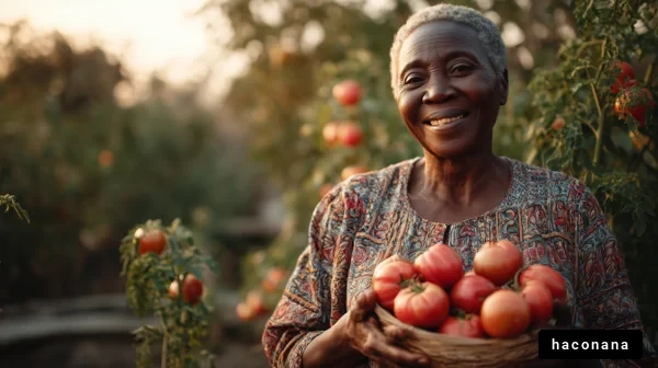 トマトを持った笑顔の外国人女性