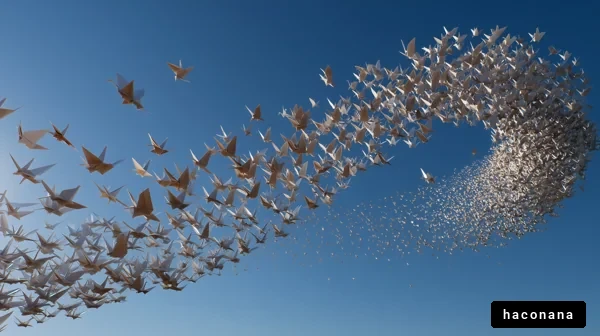 空を舞う折り鶴の群れ