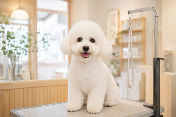 トリミングサロンの白い小型犬