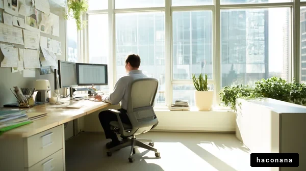 明るいオフィスで仕事する男性