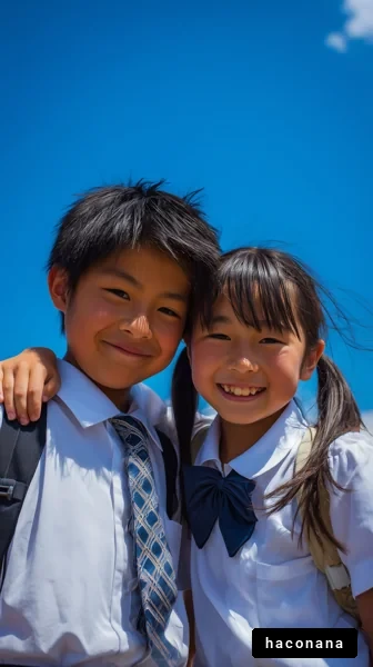 青空の下で笑顔の子供たち