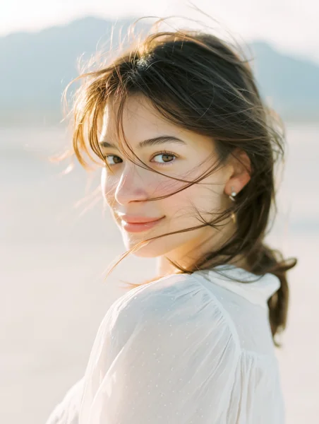 風になびく髪の若い女性ポートレート