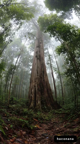 霧に包まれた森林の巨木