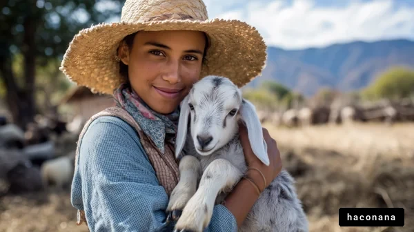 羊を抱える女性の笑顔