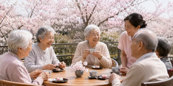 桜の下でお茶を楽しむ高齢者