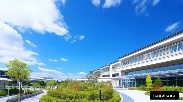 青空の下の建物と庭