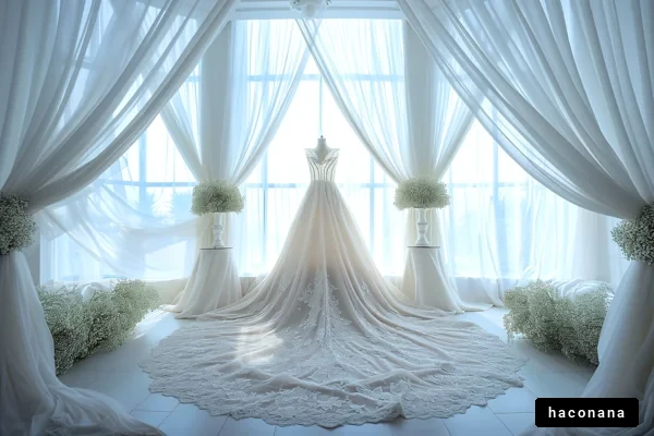 優雅なウェディングドレスの展示