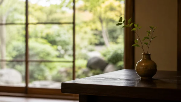 和室の窓辺に置かれた花瓶と庭園