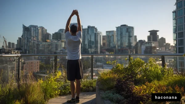 都会の屋上でストレッチ