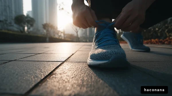 ランニングシューズの紐を結ぶ