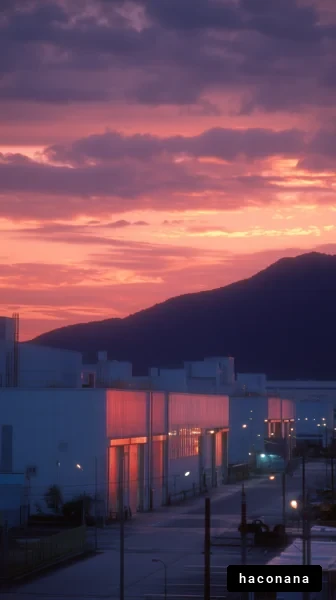 工場の夕景と自然