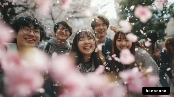 桜の下の楽しい友達