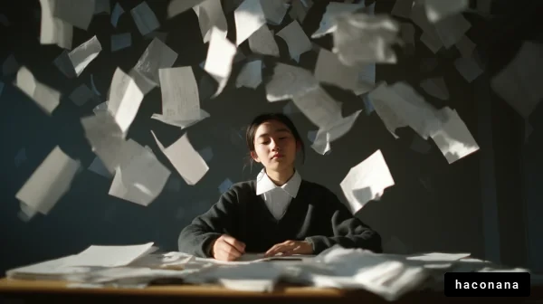 落ちる書類を見つめる少女