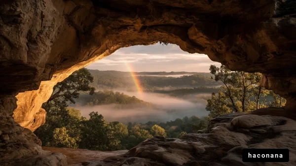 洞窟から見る虹と風景