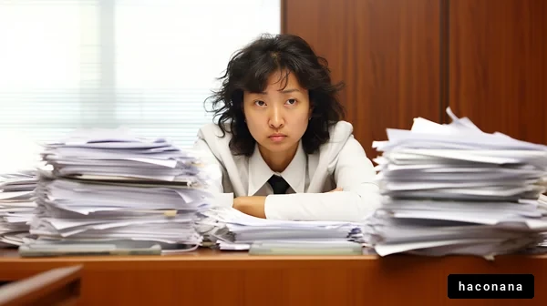 書類に囲まれた女性の表情