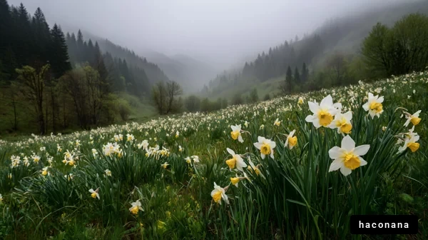 霧に包まれた花畑