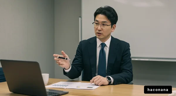 会議で話すビジネスマン