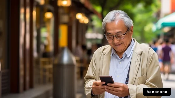 街中でスマホを楽しむ高齢者