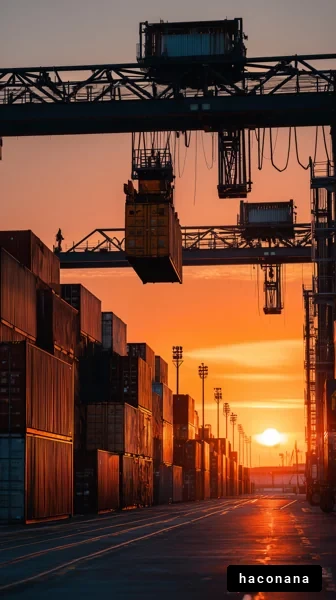 夕日の港の貨物コンテナ