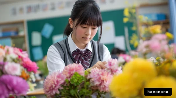 花を生ける学生の姿