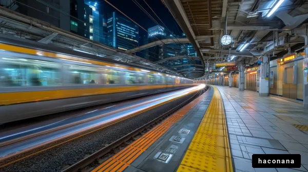 夜の駅と電車の流れ