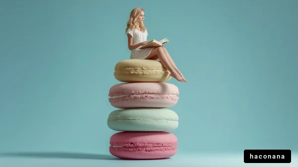 マカロンの上で読書する女性