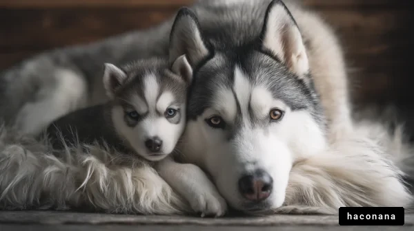 ハスキー親子の寄り添い