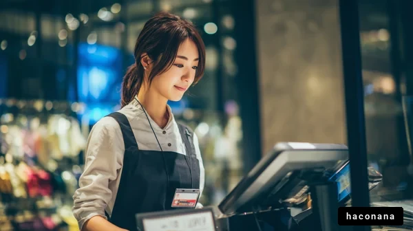 レジで働く若い女性