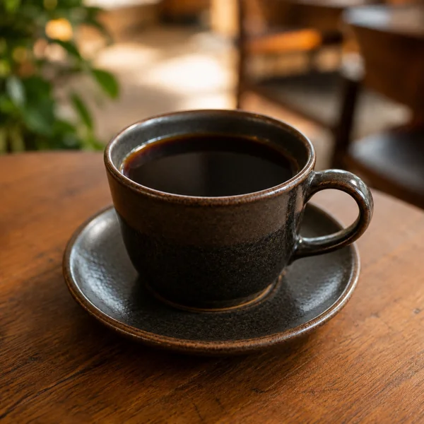 カフェのブラックコーヒーと陶器カップ