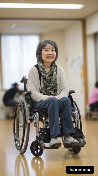 車椅子の女性と笑顔