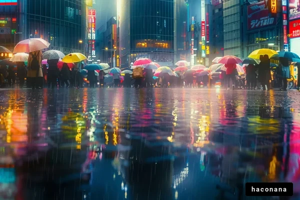 雨の街角に集う人々