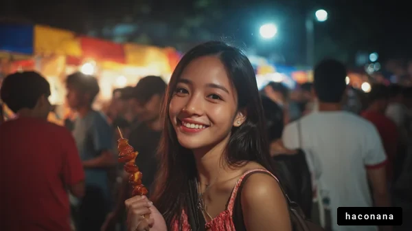 夜市で笑顔の女性