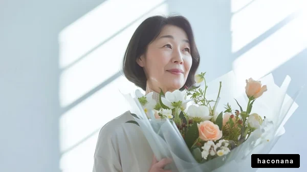 花束を持つ女性の笑顔