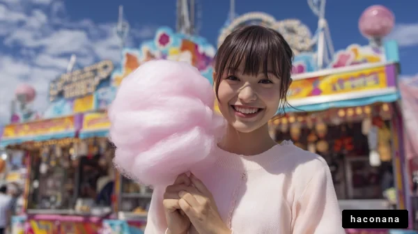 綿菓子を持つ笑顔の女性