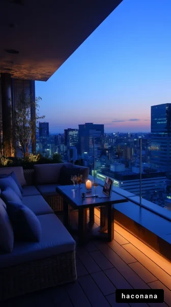 高層ビルの夜景とテラス