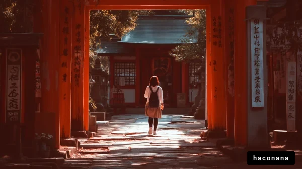 神社の鳥居をくぐる女性