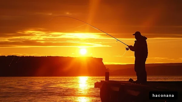 夕焼けの中で釣りをする人
