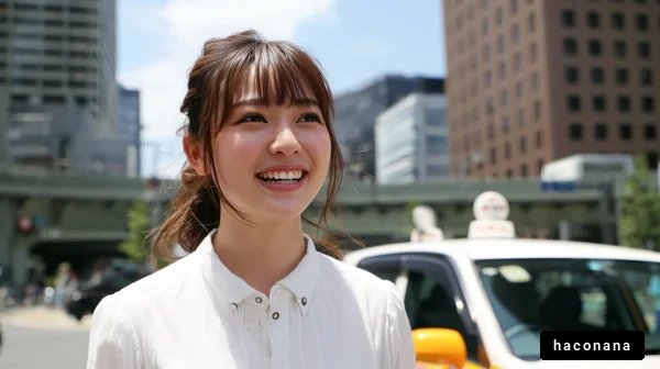 明るい街角での笑顔