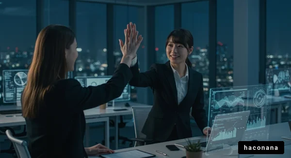 夜のオフィスでのハイタッチ