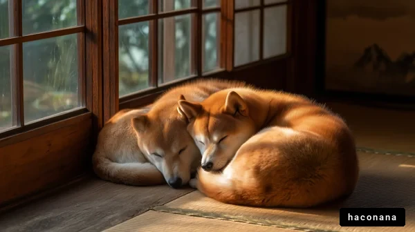 窓際で寄り添う犬たち