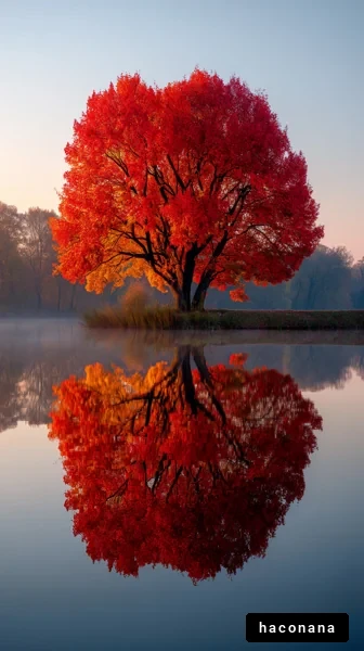 美しい紅葉と水面の反射