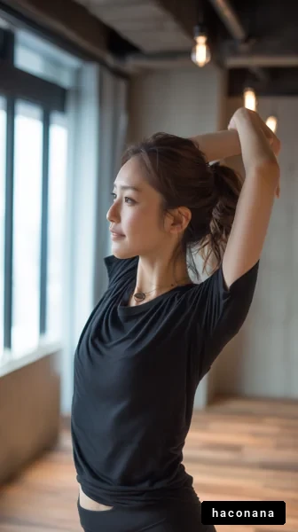 フィットネスでストレッチする女性