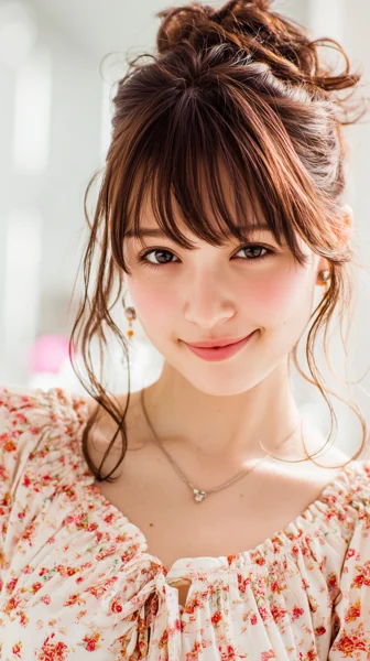 花柄ワンピースの笑顔の女性