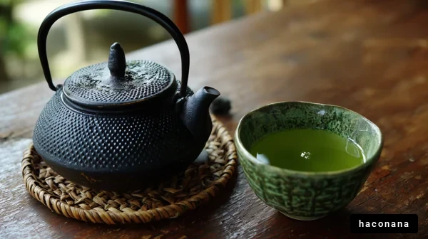 緑茶と鉄瓶のある風景