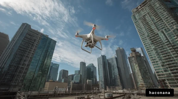 都会の上空を飛ぶドローン